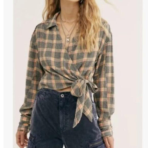 Free People We the Free Plaid Boho Running Wild Wrap Top - Picture 1 of 13